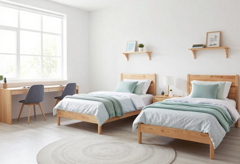 Cozy shared kids' bedroom with twin beds in L-shape, layered bedding, and a wall-mounted desk