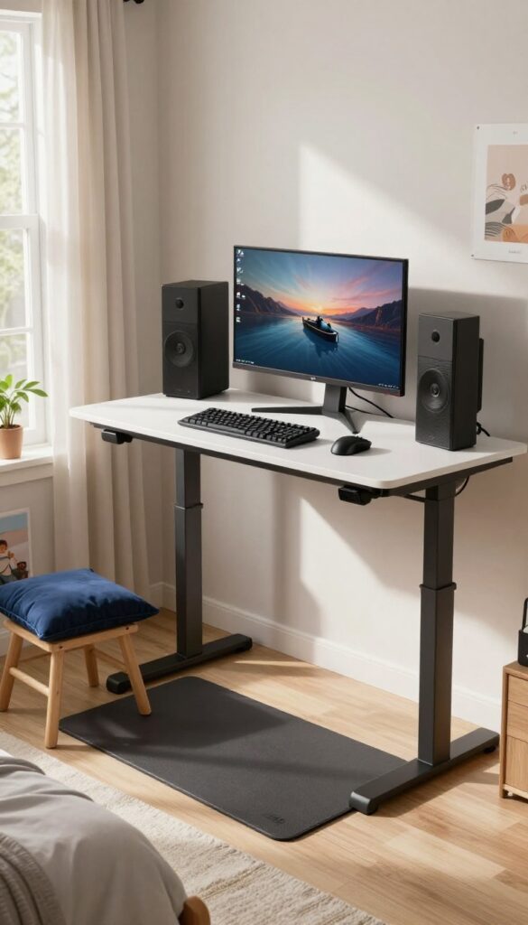 Teen boy's bedroom with adjustable standing desk setup, anti-fatigue mat, and stool with pillow, bright natural light.
