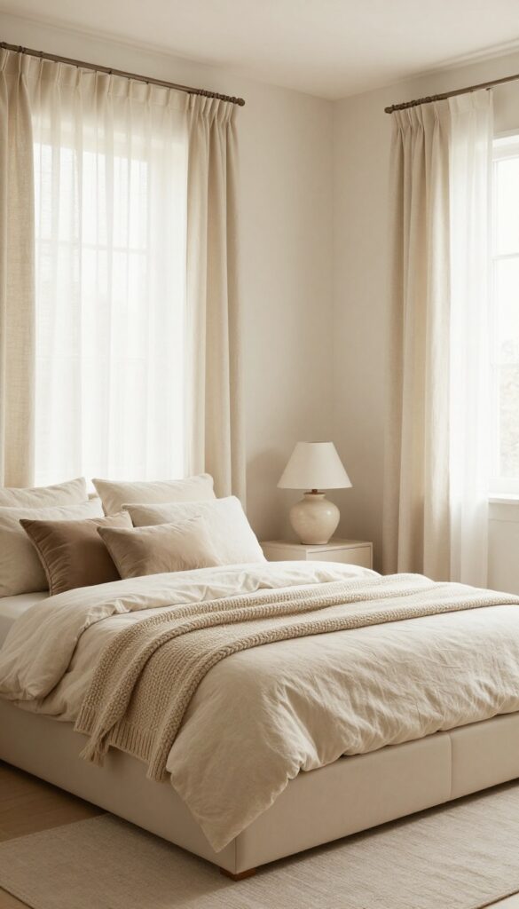 Small bedroom with monochromatic beige color scheme, layered textures, and soft natural light.