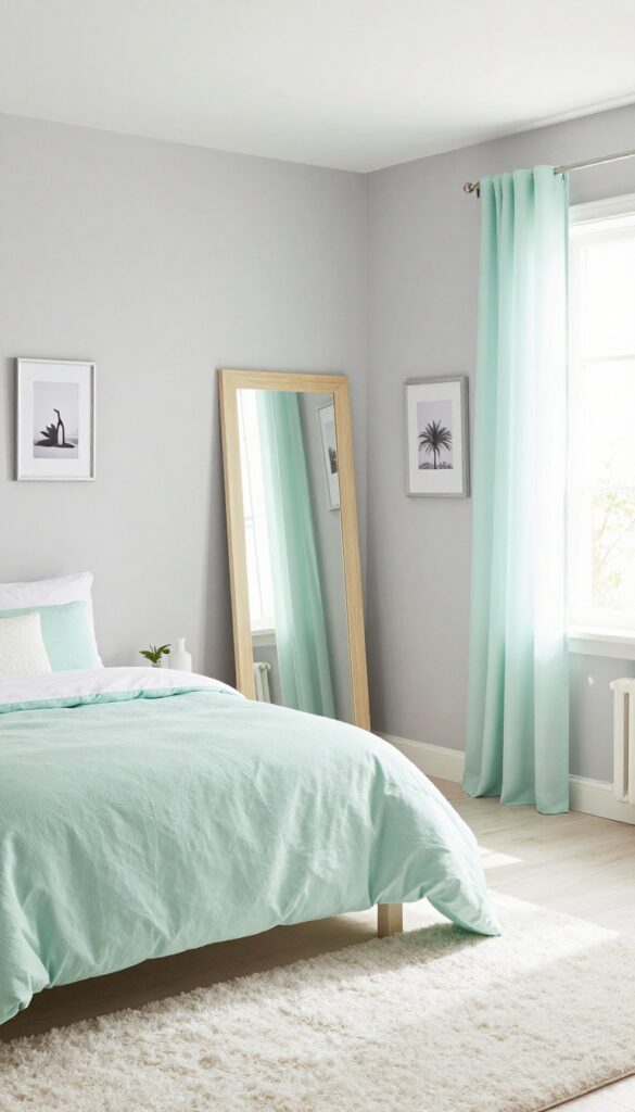 Modern girl's bedroom with light gray walls and mint green accents, white shag rug, and silver frames.
