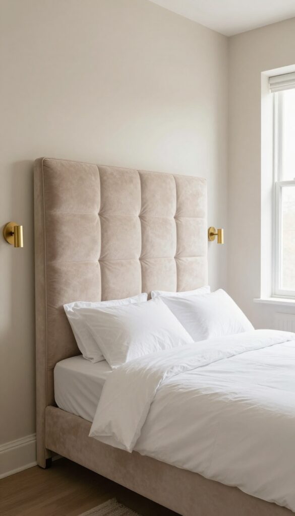 Small bedroom with a tall upholstered headboard in blush velvet, white bedding, and wall-mounted sconces.