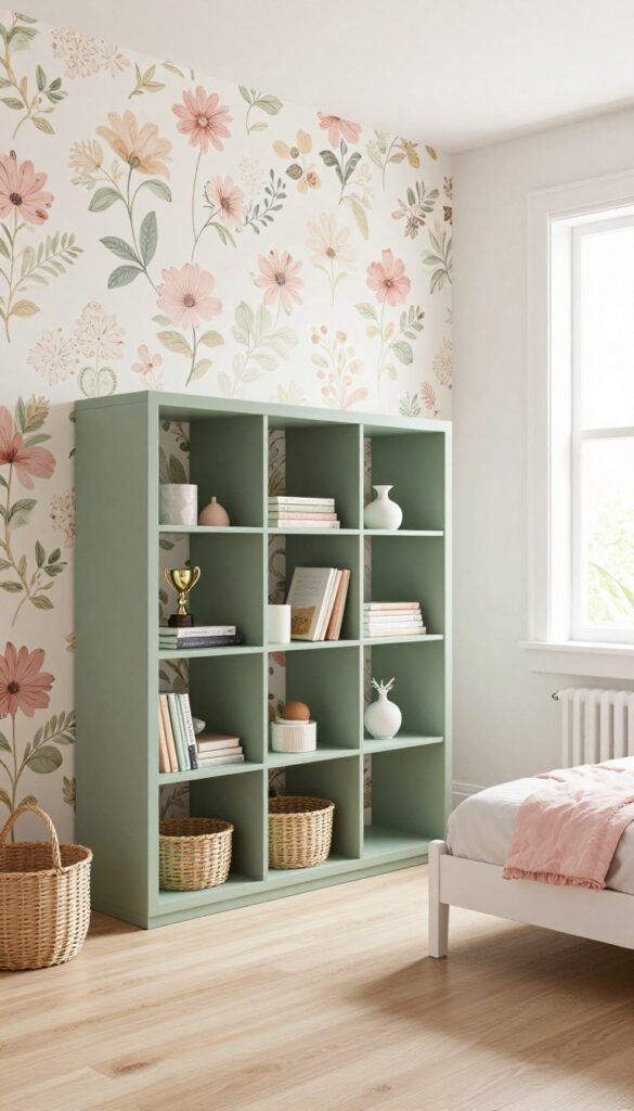 Kids bedroom with floral wallpaper and wall-mounted cubby storage system