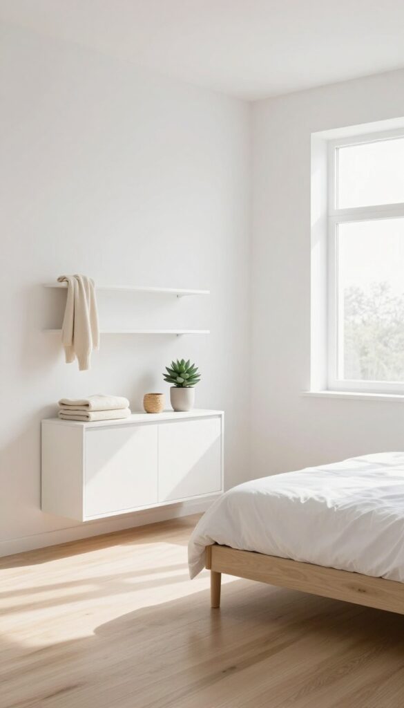Small bedroom with wall-mounted white cabinet and floating shelves, keeping floor clear, bright natural light.