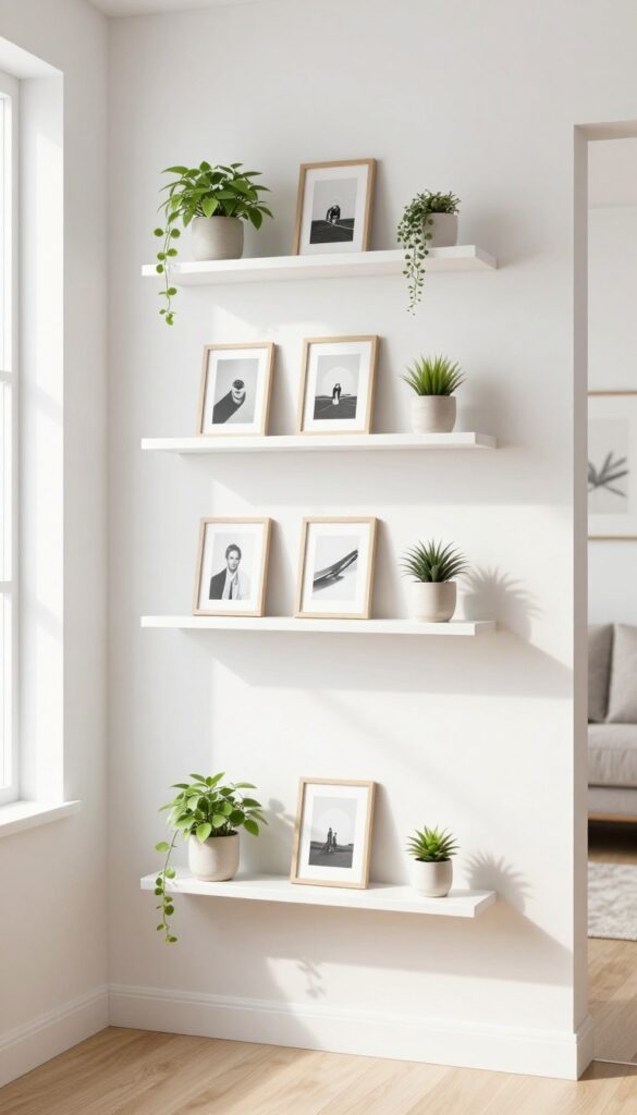 A gallery wall with narrow floating shelves displaying small framed prints and a trailing plant in a bright living room.
