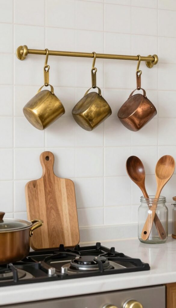 Vintage-style measuring cups hanging on a brass hook rail near a stove, with a wooden cutting board and jar of spoons nearby.