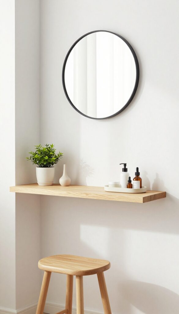 Floating shelf vanity with stool in a bright bedroom corner, featuring a mirror, plant, lamp, and organized essentials.