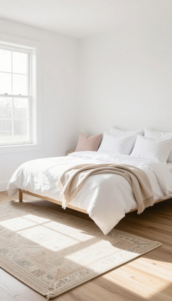 Cozy small bedroom with layered rugs, jute base and patterned top rug, soft natural light, photorealistic interior design.