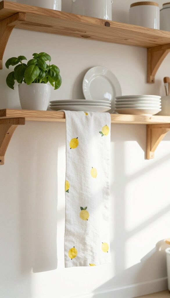 Open kitchen shelving with a lemon-print fabric runner draped over it, styled with white dishes and a small herb pot.