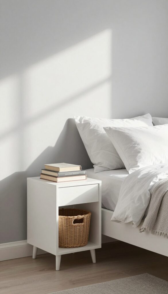 Floating nightstand with open shelving in a small bedroom