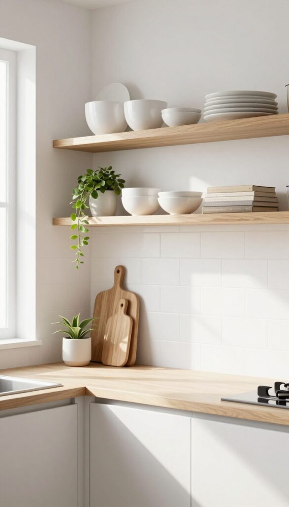 Modern kitchen with open shelving displaying white dishes, wood accents, and a trailing plant