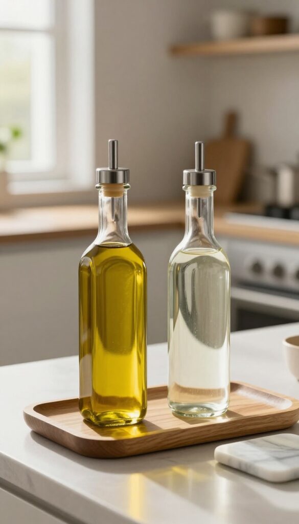 Glass oil and vinegar bottles with stainless steel pourers on a wooden tray on a kitchen countertop, natural light highlighting the amber oil.