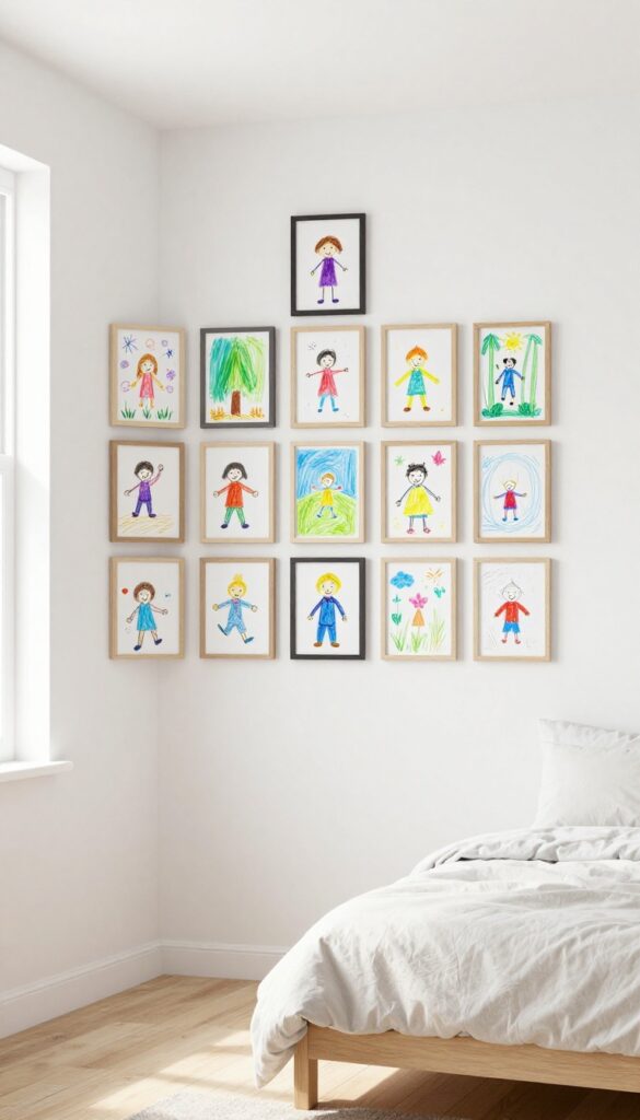 Gallery wall of children's artwork in simple frames in a modern boy's bedroom