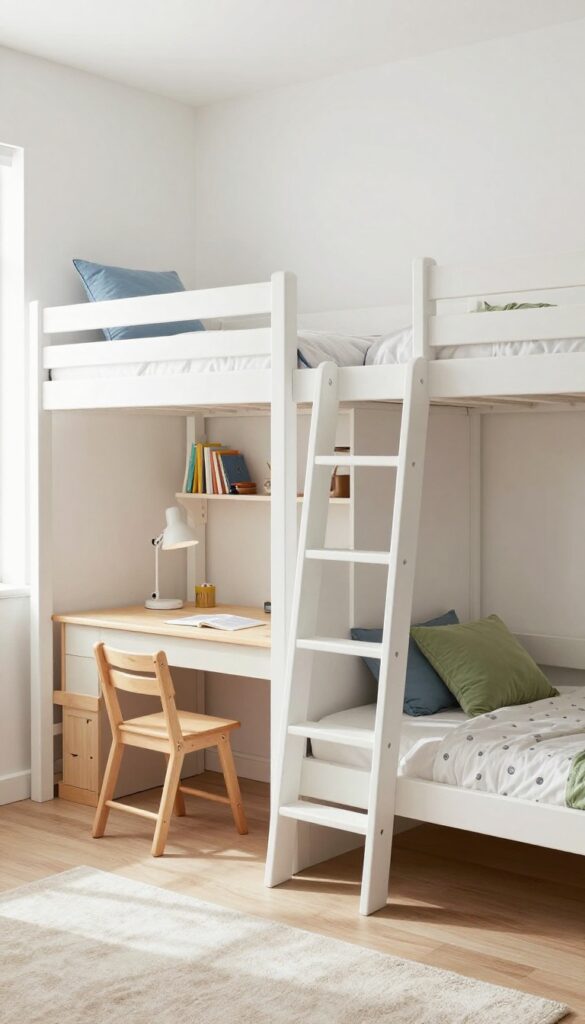 Two loft beds with desk nooks below in a shared kids bedroom