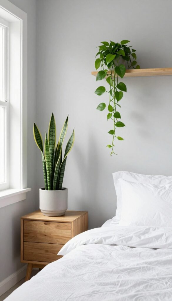 Cozy grey and white bedroom with snake plant on nightstand and trailing pothos on shelf, natural light, minimalist decor.