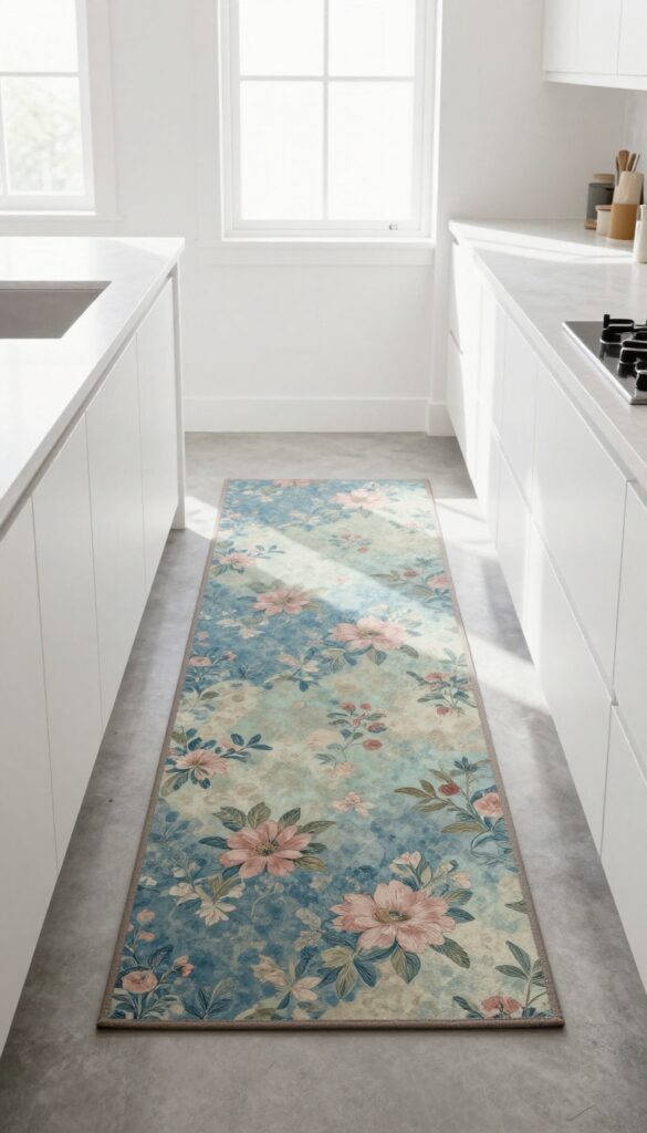 Modern kitchen with white handleless cabinets and a vintage floral runner on the floor