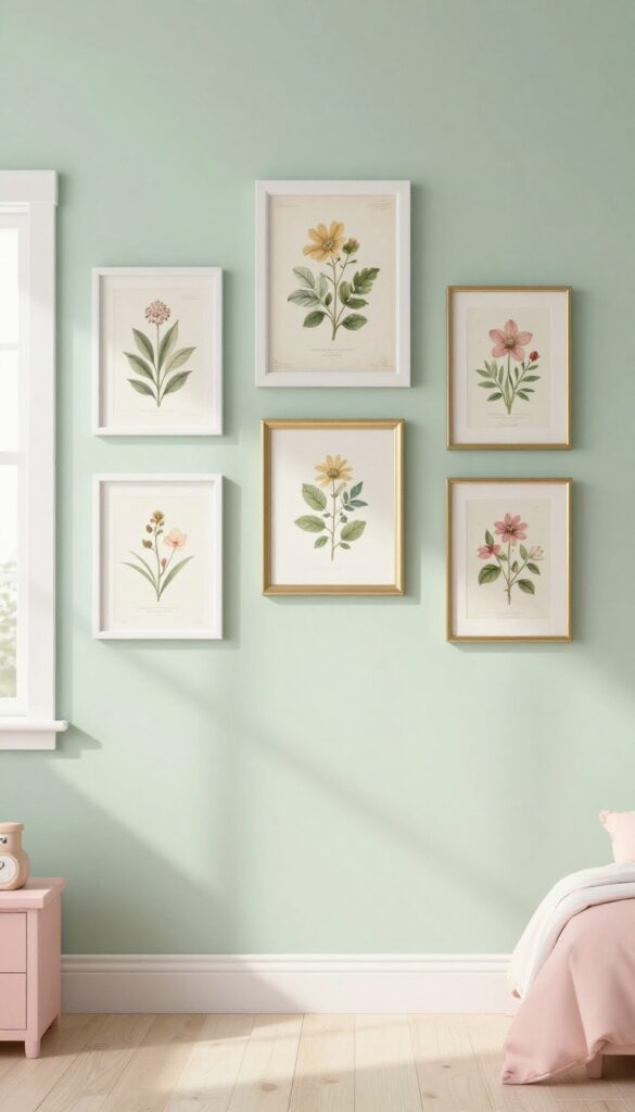 Gallery wall of framed vintage botanical prints and fairy tale illustrations in a bright children's bedroom