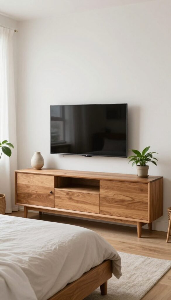 Bedroom with TV mounted above a low dresser, with lamp and plant on top, cozy and lived-in feel.