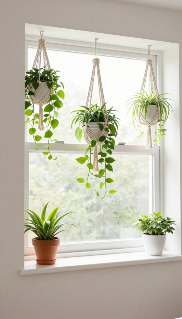 Hanging plants near a window in a bright bedroom
