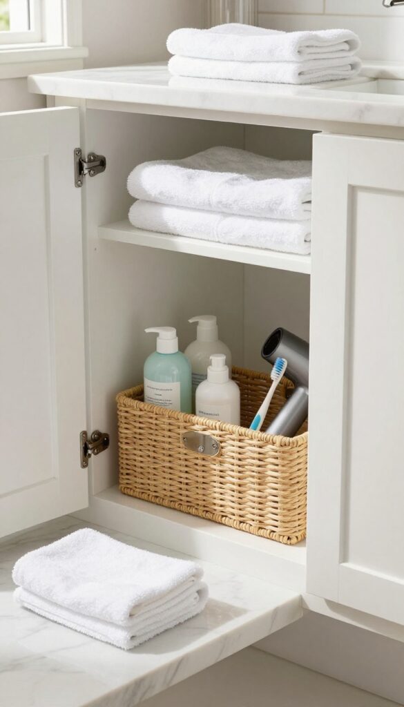 Open cabinet under sink with a woven seagrass caddy holding guest toiletries, toothbrushes, and a hair dryer, bathed in natural light.