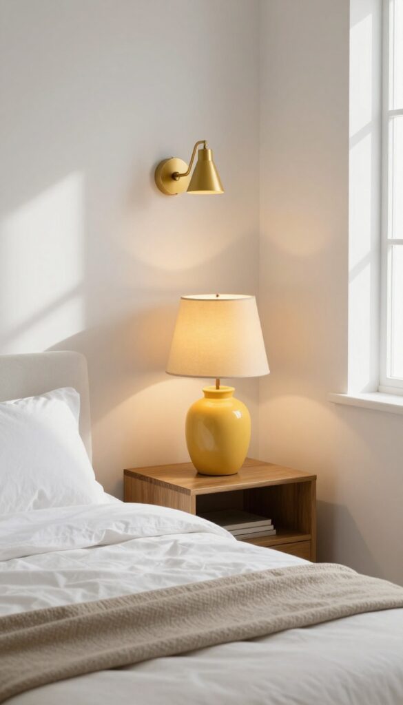Yellow bedside lamp and sconce in a bright, cozy bedroom