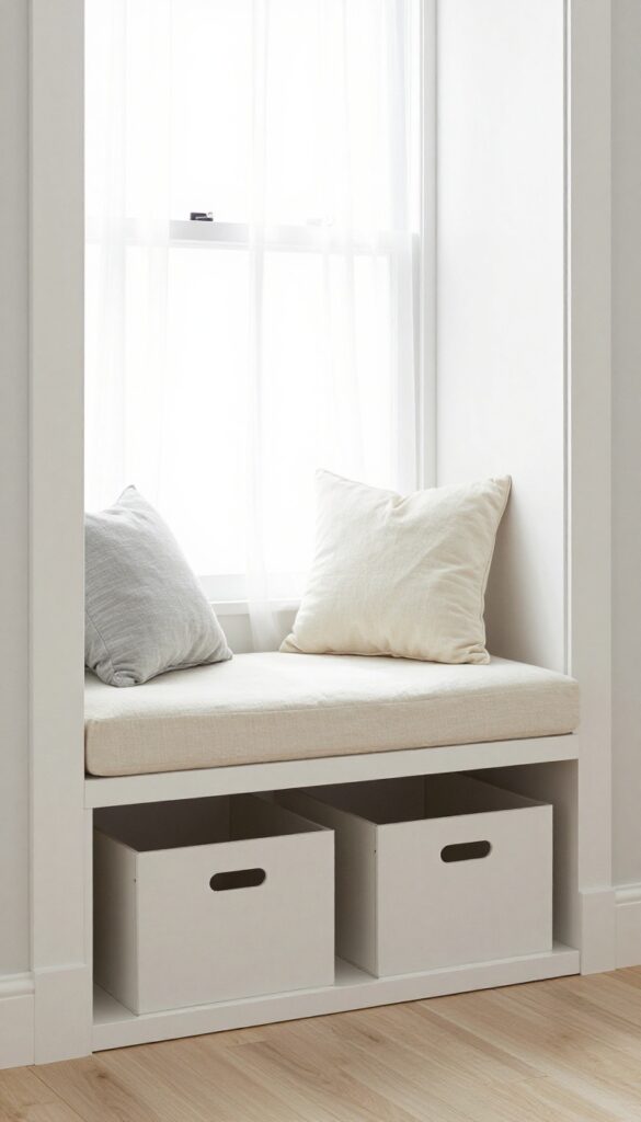 Window seat with hidden storage in a bright kids bedroom
