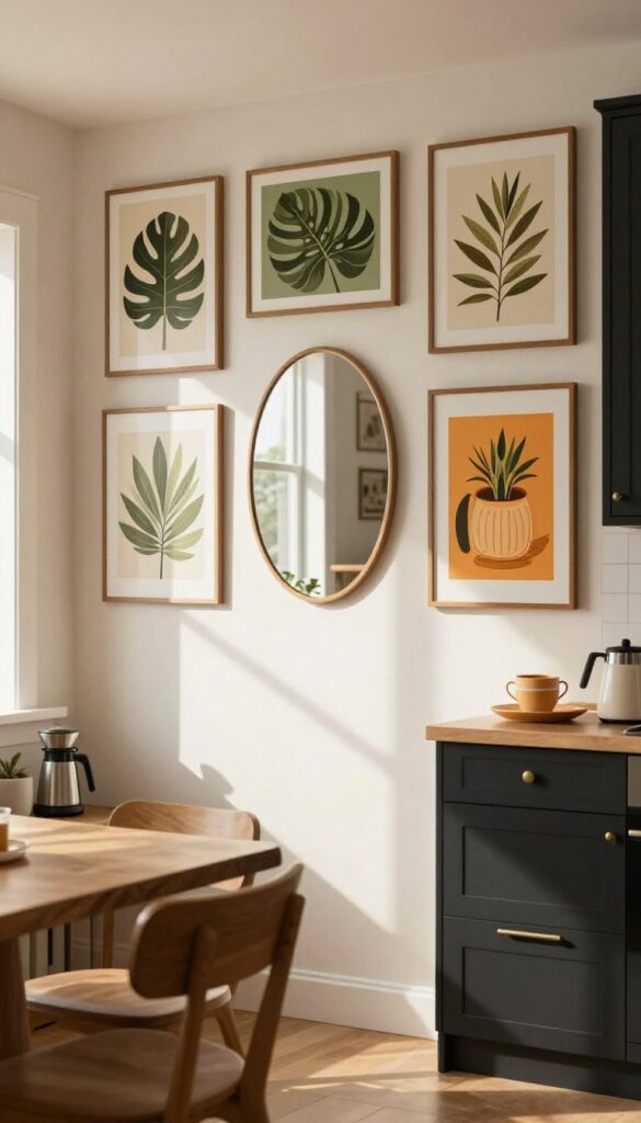 A gallery wall of kitchen art with a mirror, botanical prints, and food-themed illustrations in warm colors, styled on a bright kitchen wall.