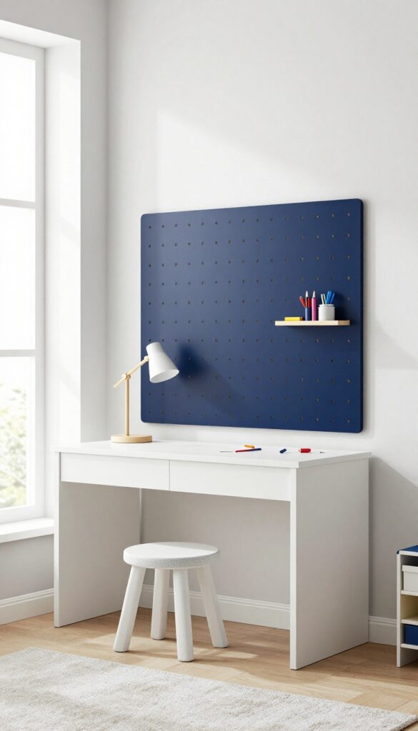 Wall-mounted desk nook with pegboard and task lamp in a modern boy's bedroom