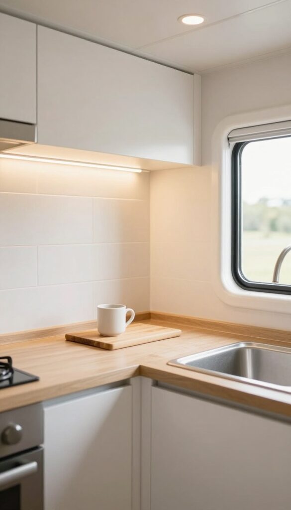 Mobile home kitchen with under-cabinet lighting casting a warm glow on the countertop