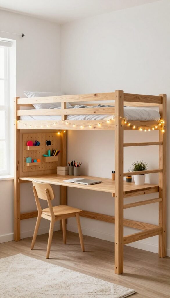 Teen bedroom with loft bed and built-in desk underneath, pegboard and fairy lights, bright natural light, clean and organized study nook.