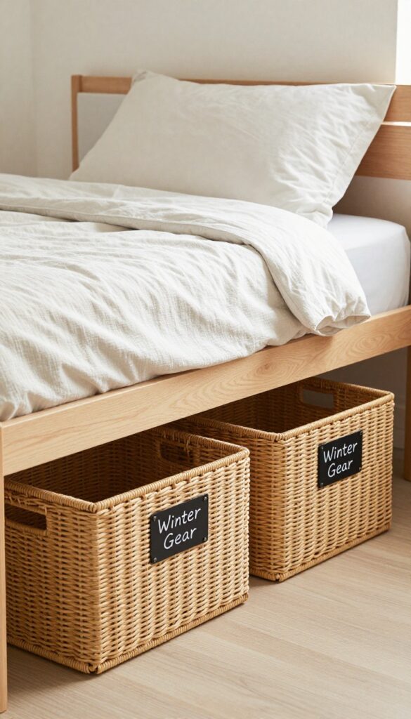 Teen bedroom with under-bed storage bins for seasonal items