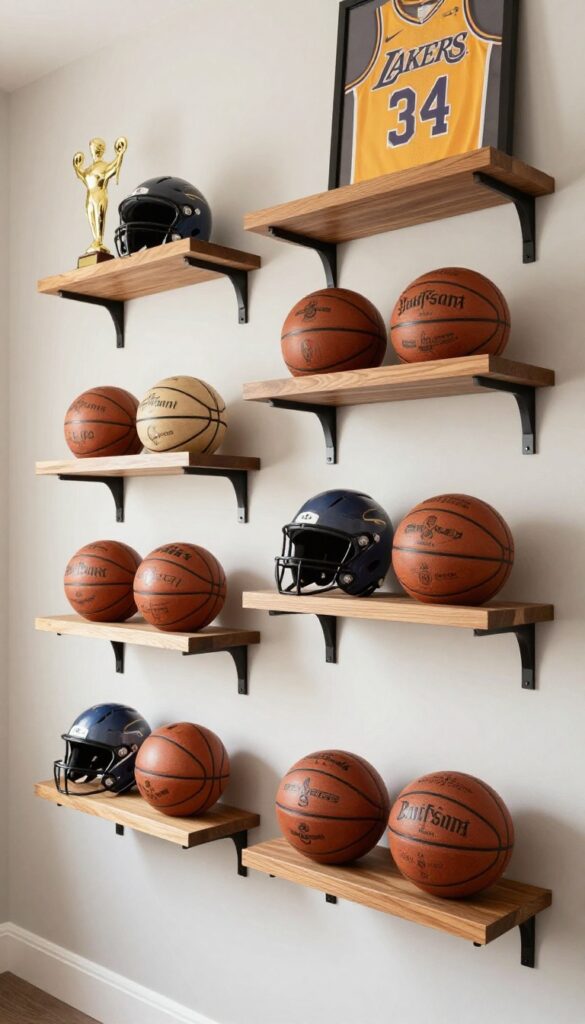 Floating shelves with trophies and sports balls on a bedroom wall