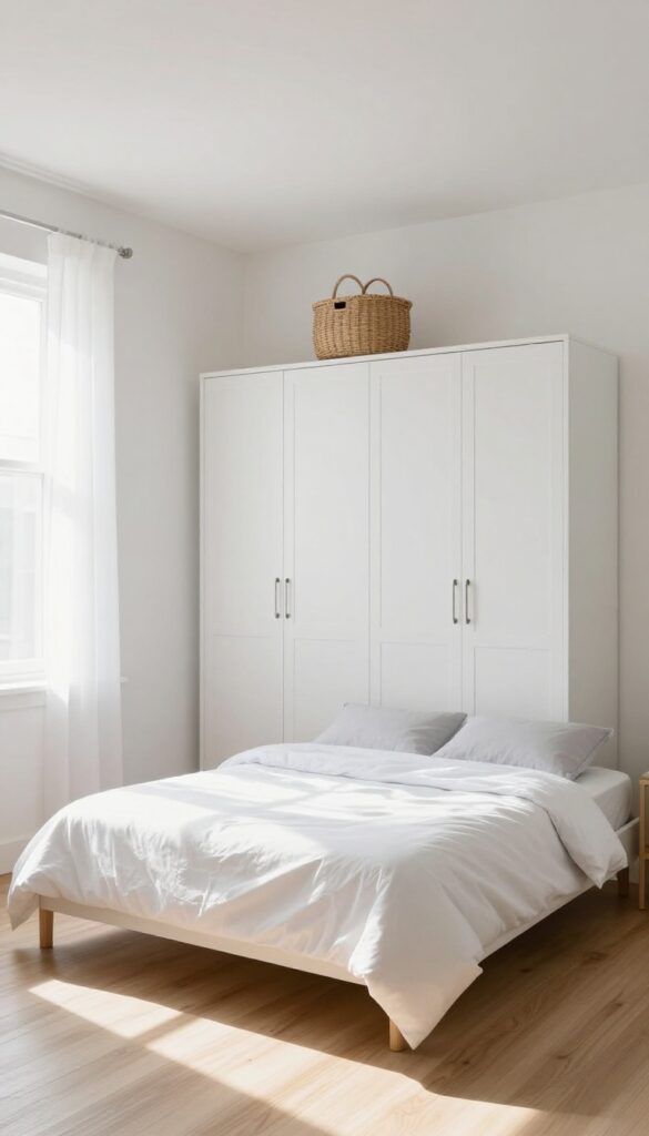 Small bedroom with king bed and tall narrow white wardrobe with mirrored doors, bright natural light, clean minimalist interior design.
