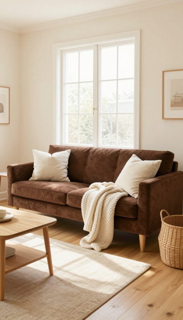 Small boho living room with earthy brown velvet sofa, cream walls, light wood accents, and natural light
