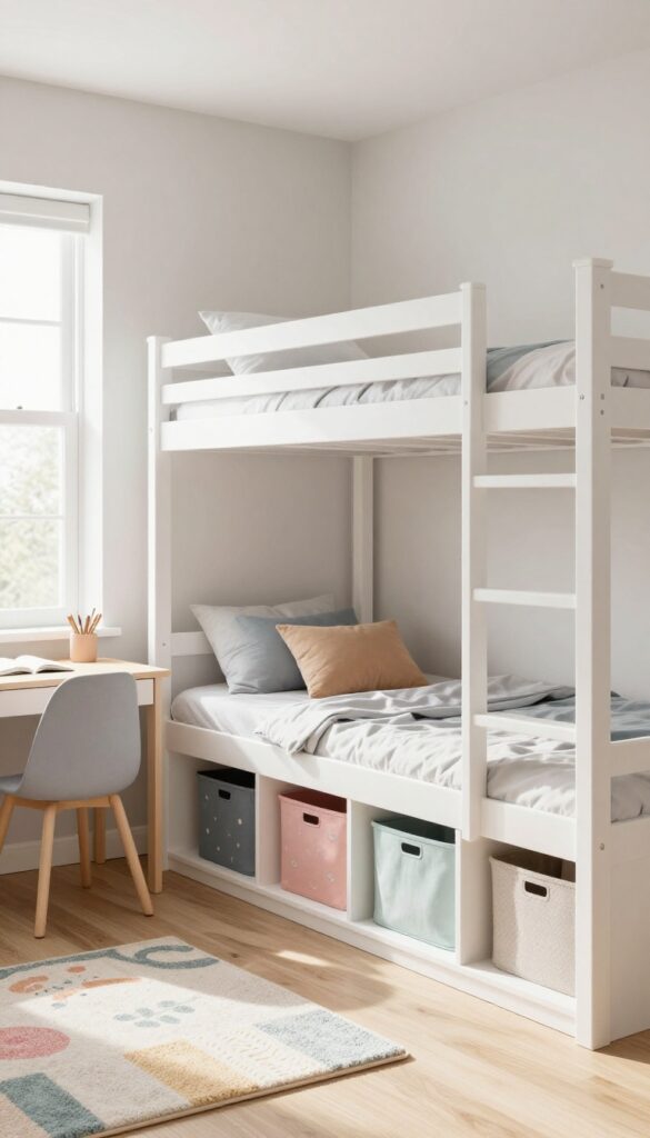Kids bedroom with loft bed and built-in storage, desk and play area underneath, bright natural light
