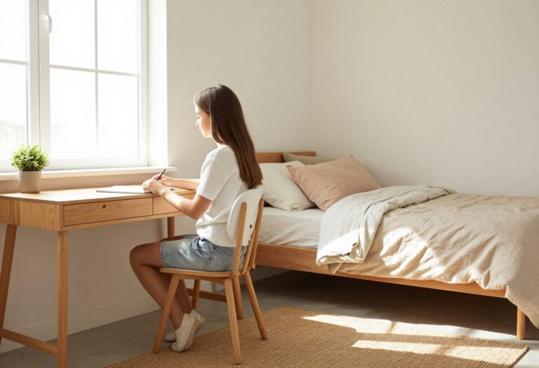Modern teen girl bedroom with study desk and cozy bed in warm neutral tones