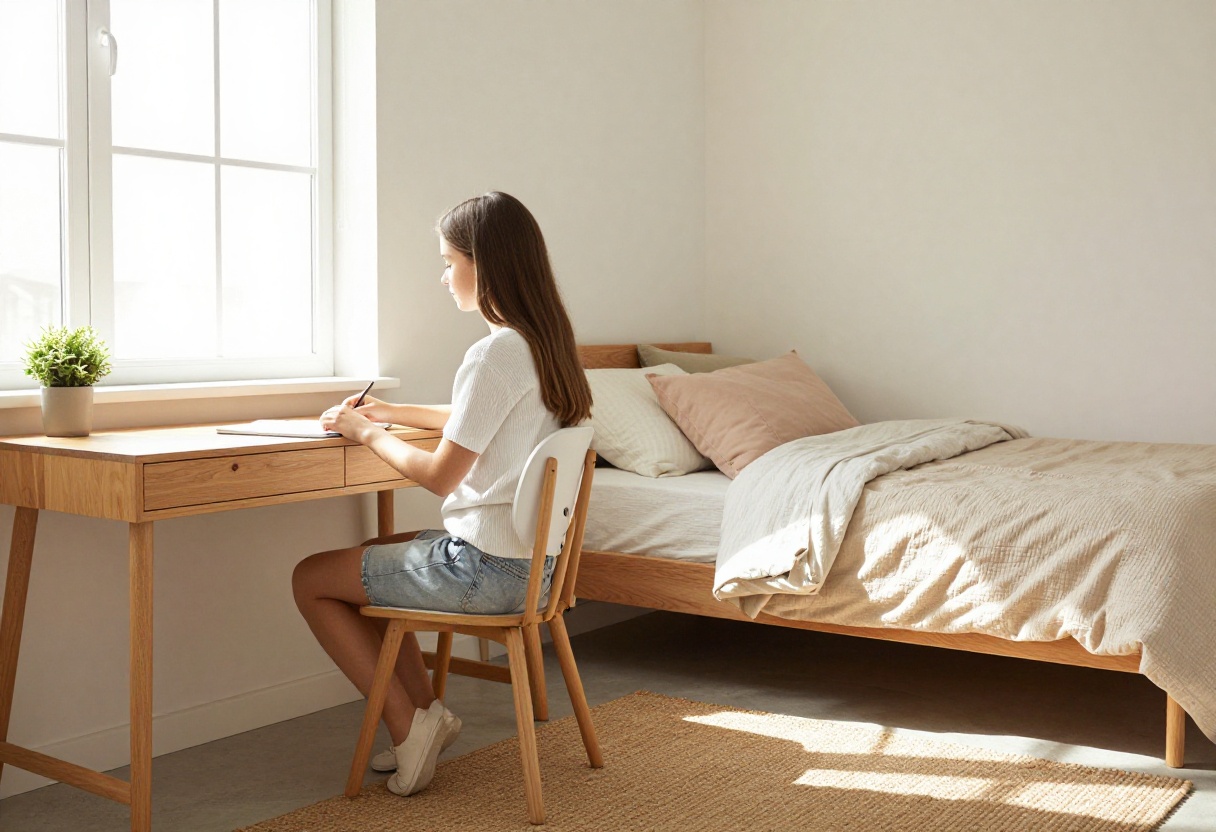 Modern teen girl bedroom with study desk and cozy bed in warm neutral tones