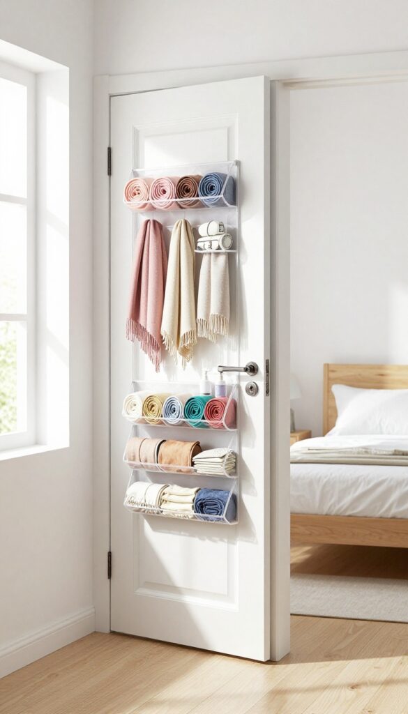 Behind-the-door shoe organizer filled with accessories in a bright, airy bedroom