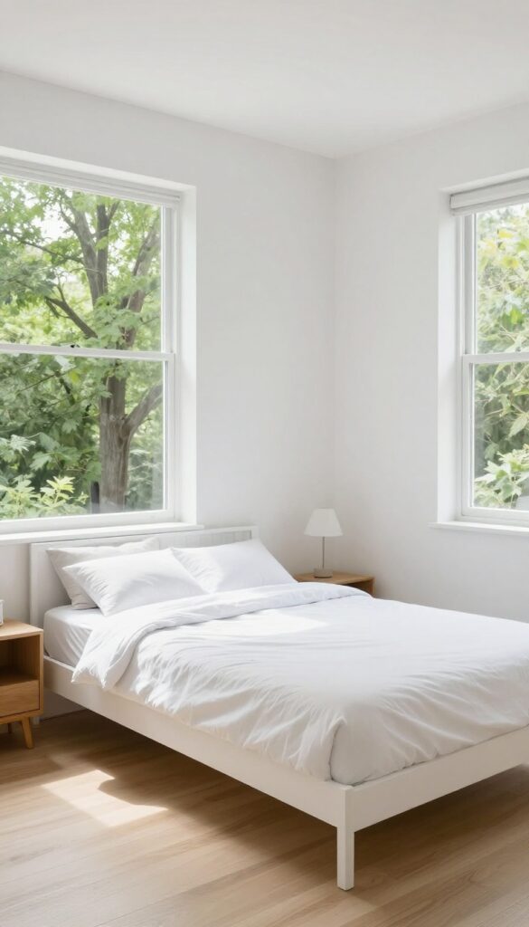 Small bedroom with king bed and mirrored wardrobe doors reflecting window and trees, creating an expansive feel.