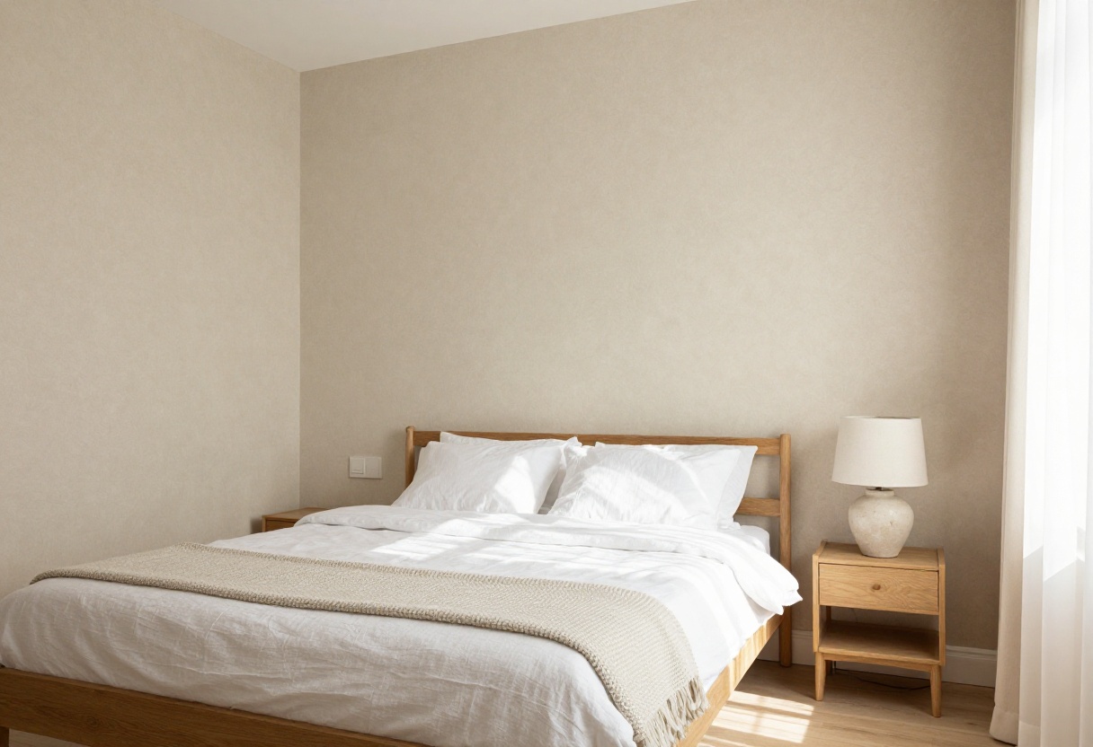 Cozy modern bedroom with textured beige wallpaper on accent wall, wooden bed, white linen, and natural light