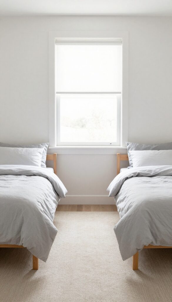Minimalist window treatments in a twin boys bedroom with roller shades and clean lines