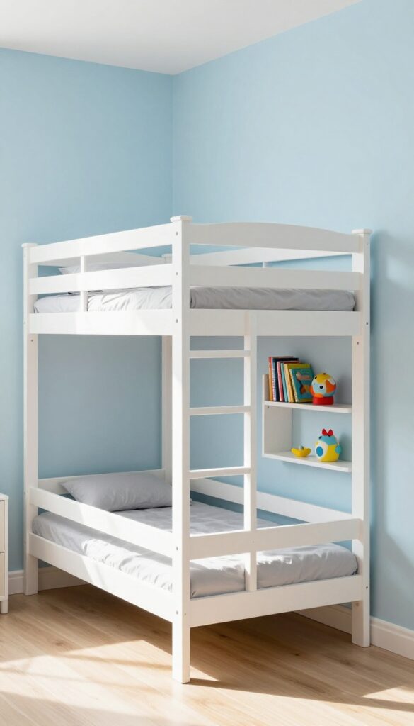Corner bunk beds in L-shape with shared built-in storage cubbies in a bright children's bedroom