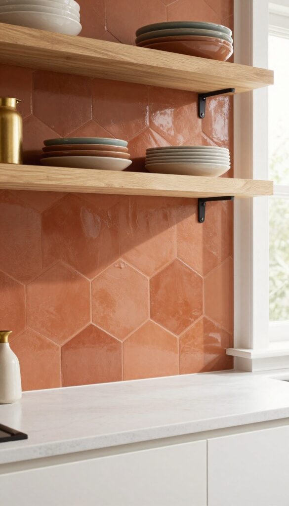 Matte terracotta hexagon tile backsplash in a bright kitchen with white quartz countertops and light wood shelving.