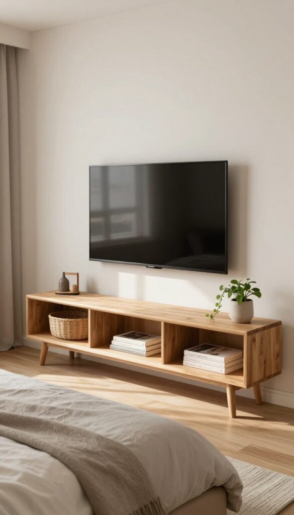 Low TV console with open shelving in a cozy small bedroom, TV mounted above, baskets and books on shelves, lamp and plant on top, bed in foreground, natural light.
