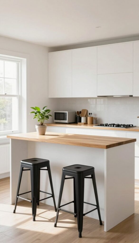 Counter-height pass-through with seating in a modern kitchen, featuring stools and a clear countertop.