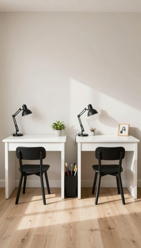 Two matching desks side by side in a twin boys bedroom, each with lamp and personal items, shared supply caddy, bright natural light.