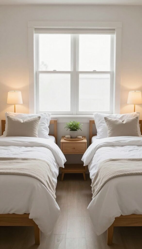 Two twin beds with separate nightstands and lamps in a bright guest bedroom.