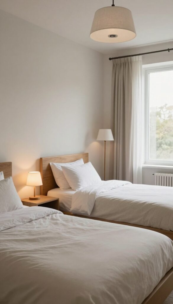 Guest bedroom with layered lighting including overhead fixture, bedside lamps, and floor lamp for adjustable mood.