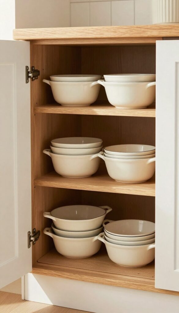 Open corner cabinet with wooden lazy Susan holding pots and bowls, organized kitchen storage.