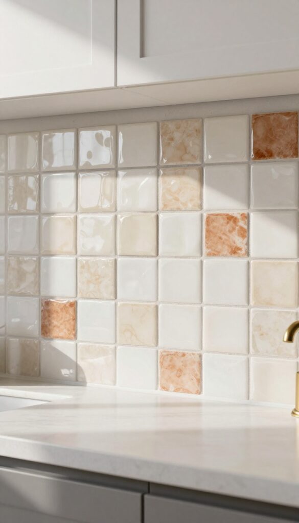 Kitchen backsplash with glossy handmade Moroccan Zellige tiles in creamy white and pale terracotta, catching natural light, paired with matte cabinetry and quartz countertop.