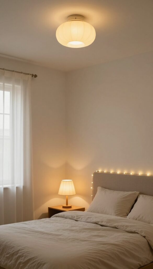 Small bedroom with mixed lighting sources including ceiling light, bedside lamp, string lights, and wall sconce creating a warm and cozy atmosphere.